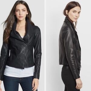 VINCE Leather Scuba Asymmetrical Black Leather Jacket | S